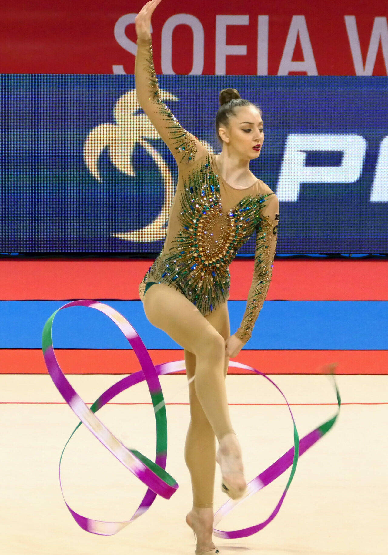 performs during the ribbon qualifications at the 2024 Sofia Wor